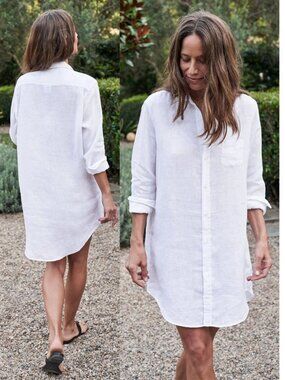 Frank & Eileen Mary Linen Mini Dress White Classic Italian Shirtdress Size S